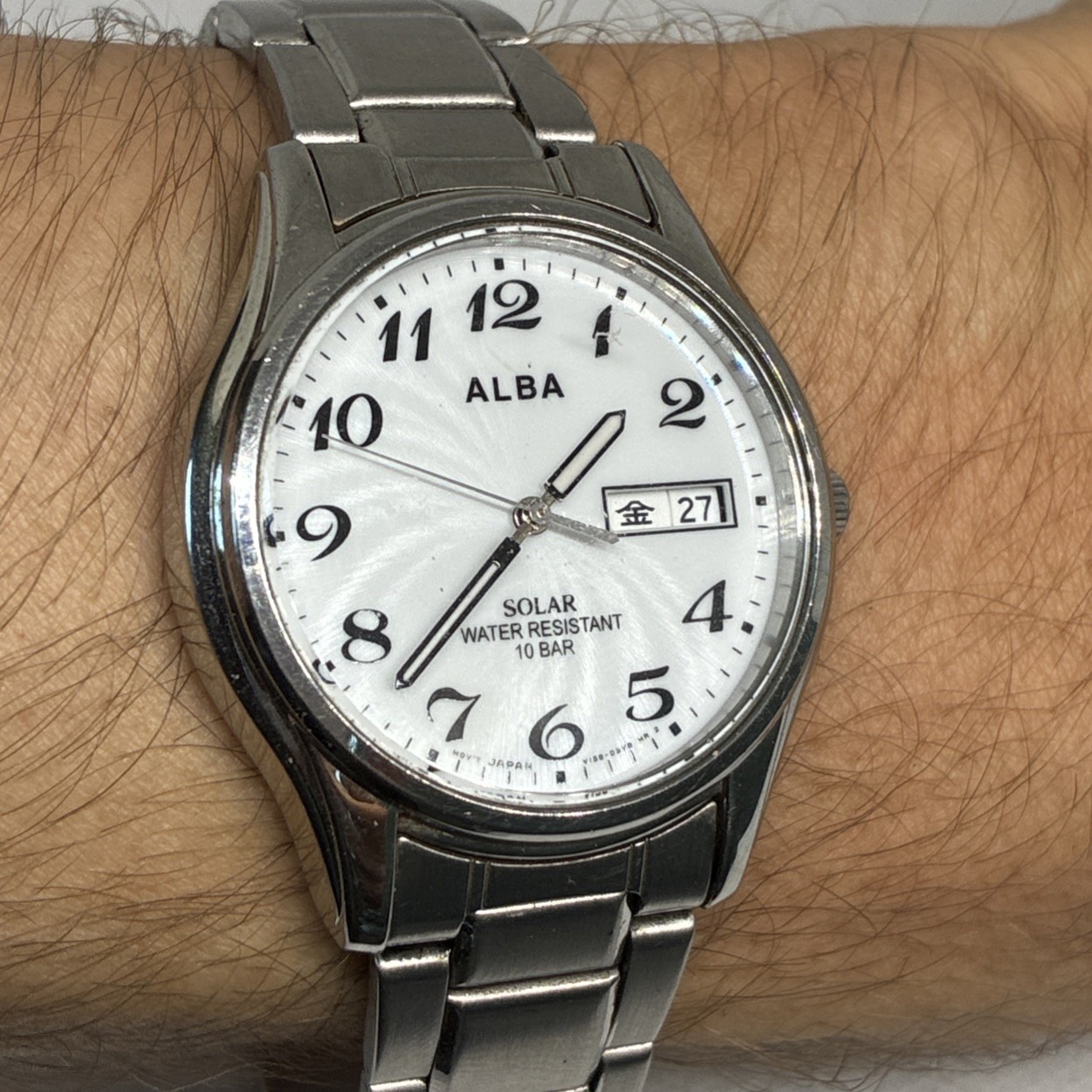 Seiko Alba Solar Watch Men White Dial Silver Tone Daydate Parts Seiko Alba Solar Watch Men White Dial Silver Tone Daydate Parts